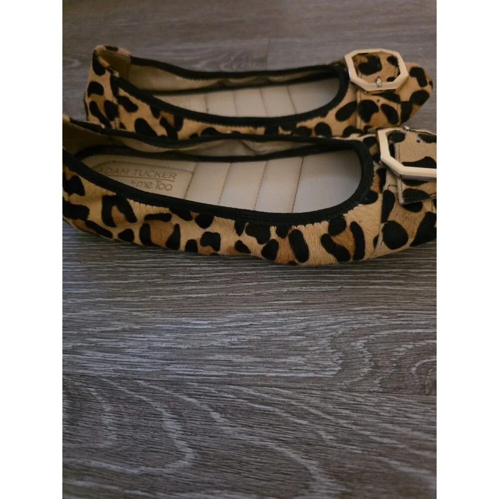 Adam Tucker by Me too leopard print, calf fur, gold buckle ballet flats.  Sz 7